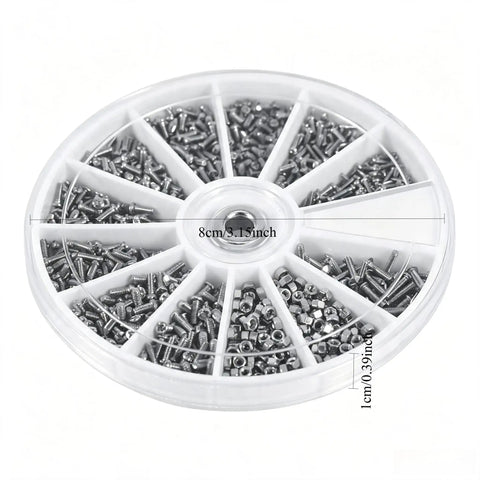 Rock Solid Bundle Of Six Hundred Micro Screws In Twelve Common Sizes For Quick Fixes On Watches Glasses Jewelry Tiny Tech And Home Gear Stored Inside A Super Neat Clear Storage Case in circular storage container.