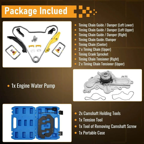Timing Chain Kit With Water Pump And Camshaft Holding Tool For 2011 Through 2019 Explorer Edge Taurus Flex 3.5L And 3.7L V6 Engines With Timing Alignment Holder Easy Install Built To Last, showing parts and tools included