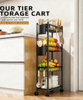 Four Tier Narrow Rolling Storage Cart With Wheels For Tight Spaces, Skinny Metal Mobile Shelf Organizer For Bathroom Kitchen Laundry Room Pantry Office, Black Finish, 6.8 Inch Wide So It Fits Between Appliances in use against a kitchen counter.