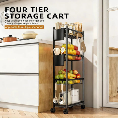 Four Tier Narrow Rolling Storage Cart With Wheels For Tight Spaces, Skinny Metal Mobile Shelf Organizer For Bathroom Kitchen Laundry Room Pantry Office, Black Finish, 6.8 Inch Wide So It Fits Between Appliances in use against a kitchen counter.