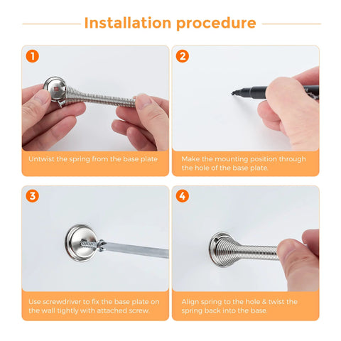 Ravinte door stoppers, satin nickel, 12-pack with spring and rubber bumper; installation steps shown
