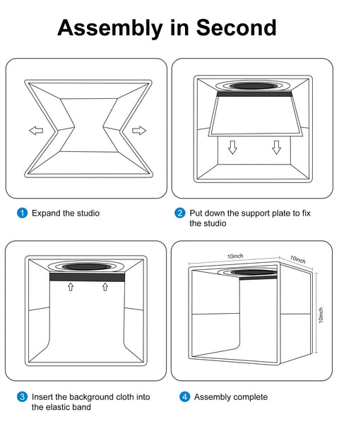 Assembly steps for Compact Mini Photo Studio Light Box With 104 LED Beads Fast No-Fuss Setup Photography Tent Kit