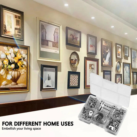 Pro Level Picture Hanging Wire Kit With D Rings And Wall Mount Screws For Frames And Canvases setup near wall art in home environment.