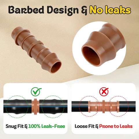 Half Inch Drip Irrigation Barbed Coupling Set, 25 Pack Straight Connectors for 1/2 inch Tubing, leak-free design illustration