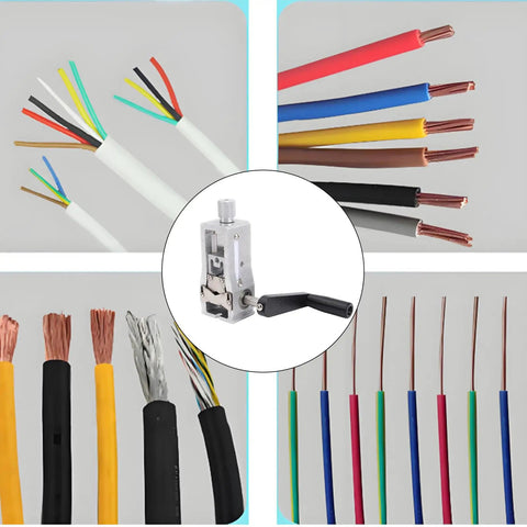 Rock Solid Manual Electric Drill Driven Wire Stripper Machine with hand crank and various insulated wires for scrap copper peeling.