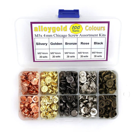 Snag This Legit Chicago Screw Hardware Pack Featuring Heavy Duty M5 By Four Millimeter pillars in assorted metallic shades for leather craft