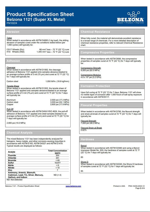 Super XL Metal Repair Composite Kit 1kg Two Part Epoxy Resin specification sheet for metal repair and surface rebuild.