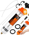 No Sweat 500 Cc Manual Fluid Extractor Pump With Long Hose For Dead Simple Oil Removal, includes parts and clear reservoir.