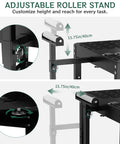 Close-up of adjustable roller stand mechanism, showcasing height adjustment and smooth rollers for Heavy Duty Workhorse Rolling Planer Stand With Rock Solid 550 Lb Capacity Height Adjustable Workbench Table Featuring Smooth Gliding Casters And Extendable Wings For Miter Saws And Power Tools.