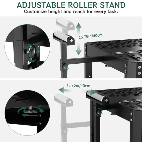 Close-up of adjustable roller stand mechanism, showcasing height adjustment and smooth rollers for Heavy Duty Workhorse Rolling Planer Stand With Rock Solid 550 Lb Capacity Height Adjustable Workbench Table Featuring Smooth Gliding Casters And Extendable Wings For Miter Saws And Power Tools.