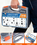 Carrying case for Pro Grade Cable and Pipe Clamps Kit with 304 stainless cushioned clamps in 10 sizes for cable management.