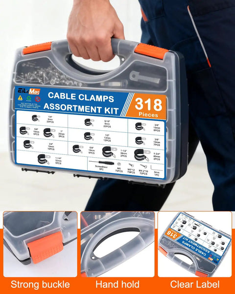 Carrying case for Pro Grade Cable and Pipe Clamps Kit with 304 stainless cushioned clamps in 10 sizes for cable management.