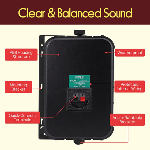 Back view of Dual Waterproof Outdoor Speaker System With 6.5 Inch Weatherproof Wall Or Ceiling Mount Speakers Heavy Duty Universal Mount Perfect For Pool Patio Indoor Use 500 Watt Power showing connections and mounting brackets.