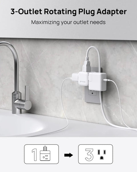 Heavy Duty Sideways Wall Outlet Extender With Three Power Sockets For Fast Charging Laptops Phones And Gadgets High Amp 1875W plugged into wall with white design