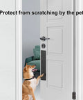 Tough As Nails Steel Dog Door Protector And Scratch Proof Kick Plate Covers Every Door Seam Brushed Black Metal Guard on a white door with a dog.