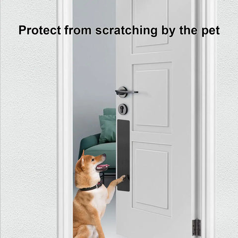 Tough As Nails Steel Dog Door Protector And Scratch Proof Kick Plate Covers Every Door Seam Brushed Black Metal Guard on a white door with a dog.