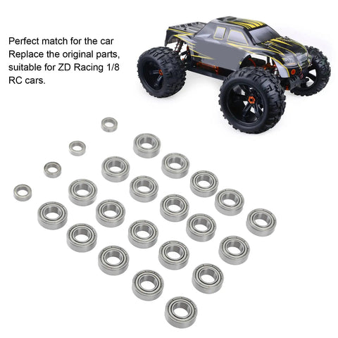 Image showing One Eighth Scale RC Ball Bearing Set For Beefed-Up High-Performance Cars Precision Steel Bearings For Smooth Spin And Low Friction Wheel Hub Bearings Kit For One Eighth RC Cars Durable Tight-Tolerance Boost Speed And Handling On Any Terrain with RC car model in the background