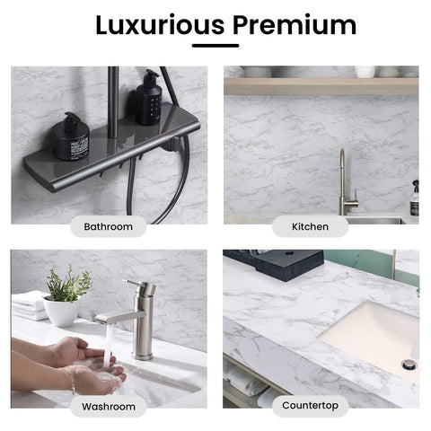 Four interiors showing Marble Contact Paper For Countertops Peel And Stick Self Adhesive Waterproof White Grey Faux Marble Wallpaper.
