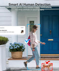 Image of 1080P Wireless Video Doorbell with AI motion alerts, showing smart human detection filtering out pets near a front door.
