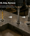 Drill, Grip, Remove workflow showing Heavy Duty Screw Extractor And Left Hand Drill Bits Set, Cobalt Tool Steel in action on metal.