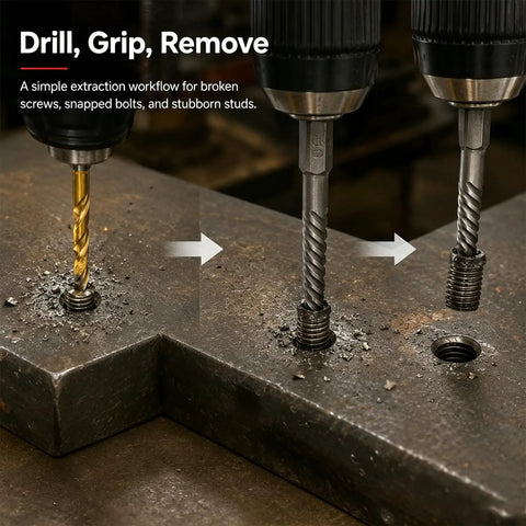 Drill, Grip, Remove workflow showing Heavy Duty Screw Extractor And Left Hand Drill Bits Set, Cobalt Tool Steel in action on metal.