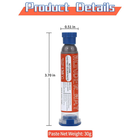 Lead Free Solder Paste No Clean Sn42 Bi58 T4, 138C Melting Point, 30g Net Weight, 39g Total in syringe packaging