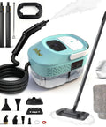 Mint Green 19 In 1 Detachable Steam Mop With Handheld Unit And Huge 54 Oz Tank For Quick Deep Cleaning On Wood Tile And Carpet That Really Kicks Gunk To The Curb Every Time with attachments laid out.
