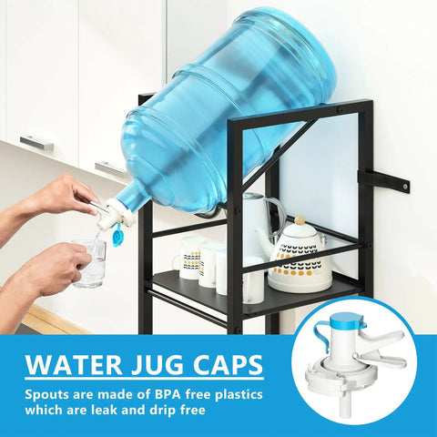 2 In 1 Five Gallon Water Jug Holder With Five Tier Stand And One Dispenser Valve Go To Tabletop Space Saving Water Bottle Storage Rack Organizer For Kitchen Office And Garage, dispensing water