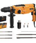 3 In 1 Rotary Hammer Drill With SDS Plus 1 Inch Chuck 800 Watt Corded Demolition Hammer For Concrete Variable Speed Includes Half Inch Chuck Drill Bits And Chisels For Masonry Renovations And Heavy Duty Demolition Jobs shown with accessories.