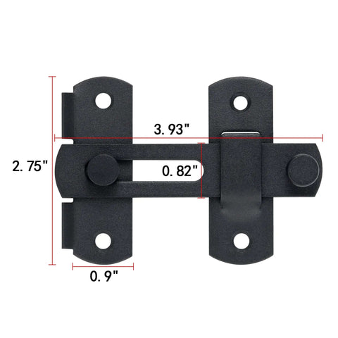 Two Pack Matte Black Stainless Steel Barn Door Latches 3.93 by 2.75 Inches Flip Bi Fold Sliding Door Lock front view with measurements