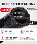 Top Tier 25ft 6AN Braided Fuel Line Kit With Adjustable Wrench And Fittings For Hot Rods CPE Hose Durable High Pressure Racer Gear, 6AN hose specs