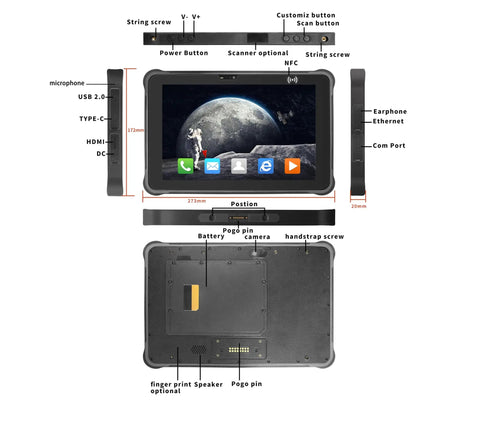 Badass Beat Proof And Road Ready 10.1 Inch Android 13 Rugged Tablet showing ports and buttons, designed for heavy duty field jobs.