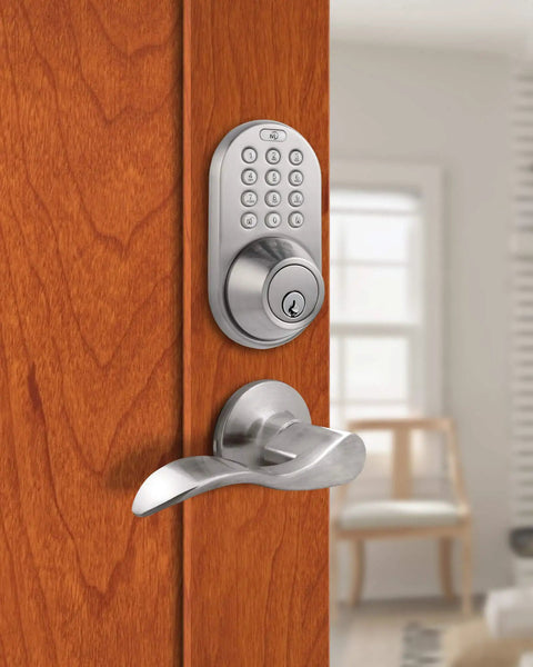 DFL 02SN Electronic Touchpad Keyless Deadbolt And Passage Lever Set In Satin Nickel Finish installed on wood door interior.