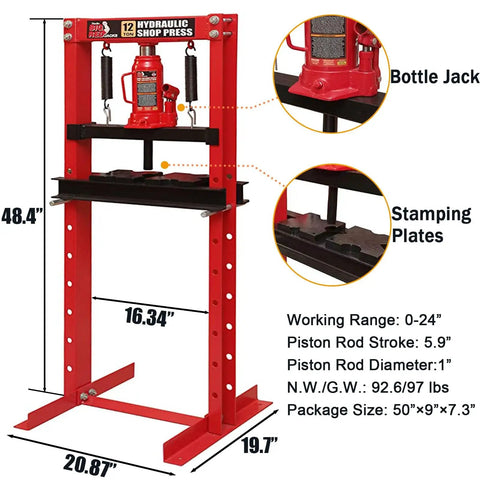 Heavy Duty H-Frame Hydraulic Floor Press for Garage and Shop, 12 Ton Capacity, includes arbor stamping plates and guide