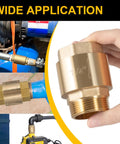 Front view: Brass one-way check valve, 1-1/4 in NPT male to 1-1/4 in FNPT outlet, irrigation/well pump backflow valve.