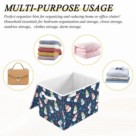 Premium Quality Collapsible Fabric Storage Bin With Secure Flip Top Lid And Sturdy Side Handles With Snowman Design