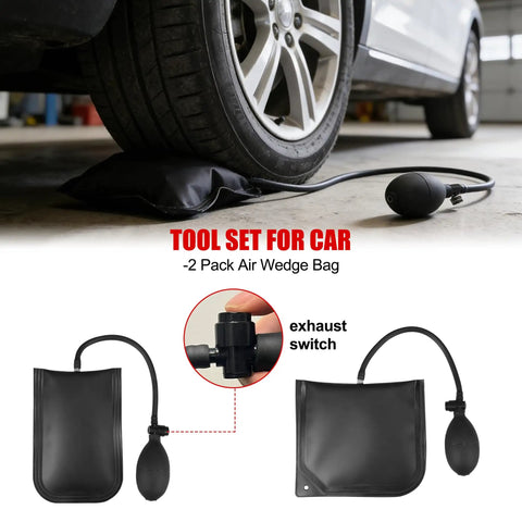 26 Piece Car Tool Kit with air wedge shown lifting car tire for interior trim removal and minor car repairs at home.