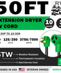 50 ft 3 Prong Dryer Extension Cord 30 Amp NEMA 10-30P to 10-30R Heavy Duty Green Plug for RV and EV Charging, Weatherproof