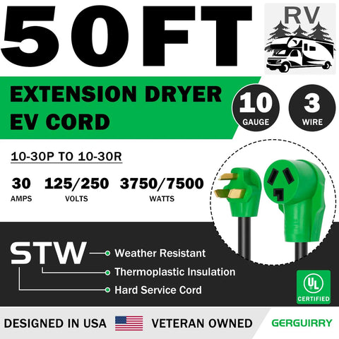 50 ft 3 Prong Dryer Extension Cord 30 Amp NEMA 10-30P to 10-30R Heavy Duty Green Plug for RV and EV Charging, Weatherproof