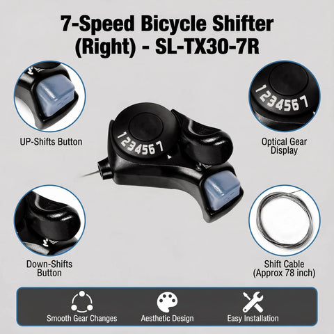 7 Speed Right Thumb Trigger Shifter with optical gear display and upshift, downshift buttons for mountain city road folding bikes.