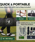 Person holding All In One Golf Practice Net With Mat For Backyard And Garage Training Portable Driving Cage carry bag outdoors.