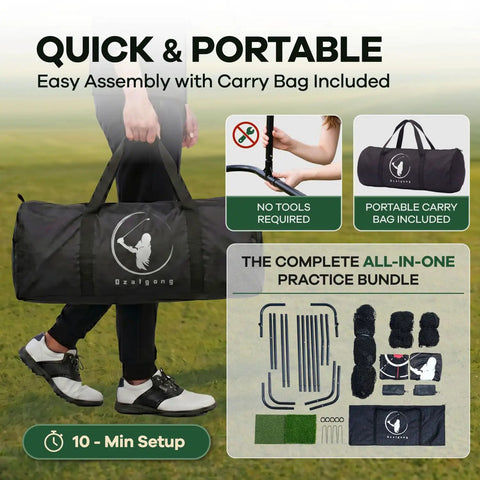 Person holding All In One Golf Practice Net With Mat For Backyard And Garage Training Portable Driving Cage carry bag outdoors.