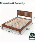 King Size Solid Wood Platform Bed Frame With Antique Espresso Finish And Integrated Headboard displaying dimensions and capacity.