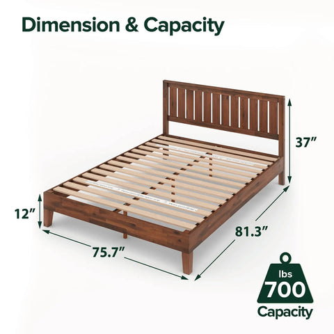 King Size Solid Wood Platform Bed Frame With Antique Espresso Finish And Integrated Headboard displaying dimensions and capacity.