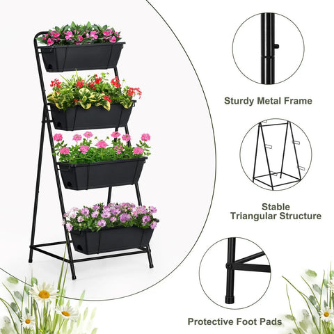 4 Tier Vertical Garden Planter With Drainage Holes For Outdoor Plants Raised Garden Bed Stand For Balcony Patio Yard Black
