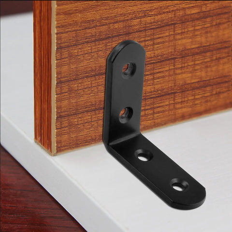 Heavy Duty Stainless Steel L Brackets Corner Brace Kit Right Angle, 2x2 inch black support attached to wood.