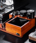 Wooden espresso station with 53mm Espresso Tamper For Barista Pros Premium Calibrated Spring Loaded Stainless Steel