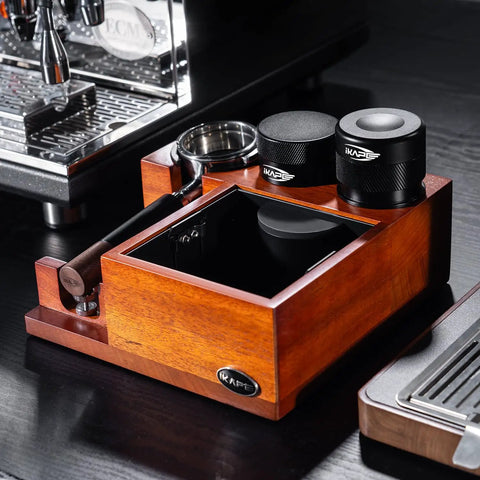 Wooden espresso station with 53mm Espresso Tamper For Barista Pros Premium Calibrated Spring Loaded Stainless Steel