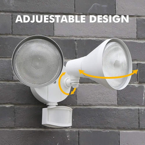 Rock Solid Heavy Duty Dual Head Motion Activated Flood Light 300 Watt Halogen 180 Degree Wide Angle Detection System All Weather Outdoor Security Wall Lamp For Backyards Patios And Driveways In White