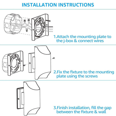 Illustration of installation steps for LED Cylinder Up Down Outdoor Wall Light Dope Energy Saving 24W 120V Aluminum Modern Sconce.